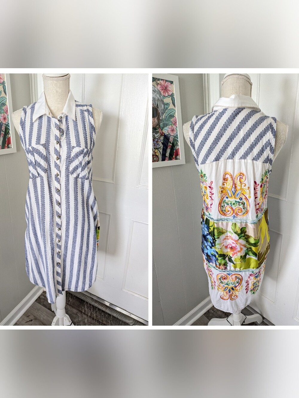 Cyrena Anthropologie Embroidered Floral Sleeveless Dress Shirt Striped  Size M